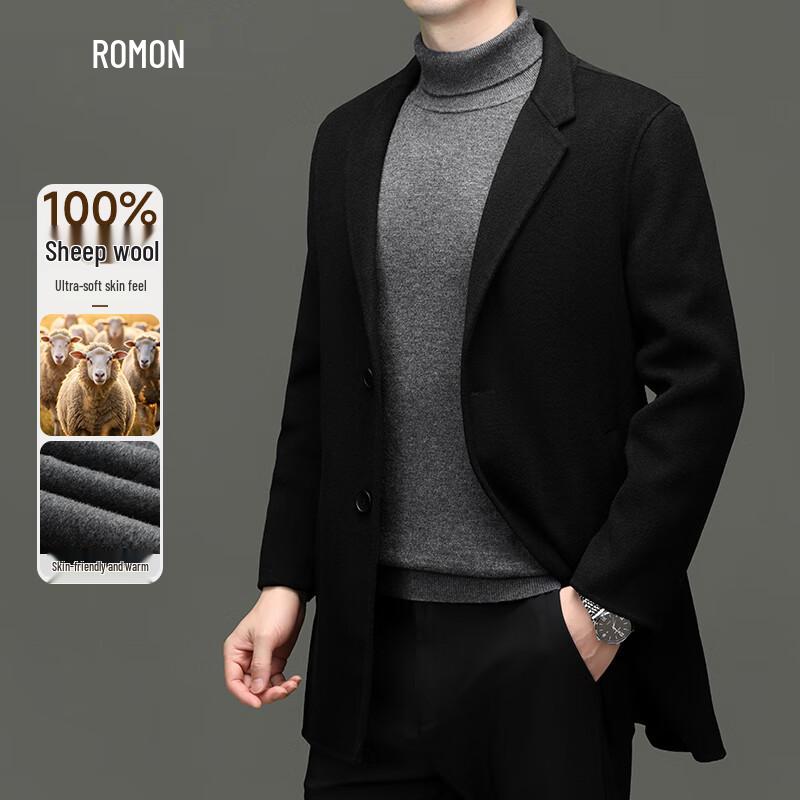 Romon Men's 100% Wool Mid-Length Suit Collar Coat