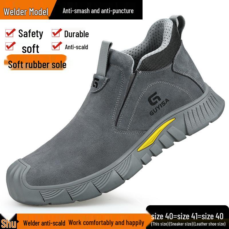 Men's Breathable Suede Summer High-Top Welding Shoes: Anti-Smash, Anti-Puncture, Anti-Slip, Wear-Resistant, and Comfortable.