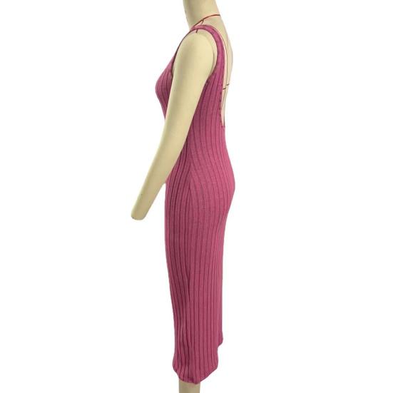 Sommerkleid für Damen, rückenfrei, schmal, ärmellos, einfarbig, elastisch, gestreift, Etuikleid, schmale Taille, O-Ausschnitt, gestrickt, Maxikleid, langes Urlaubskleid