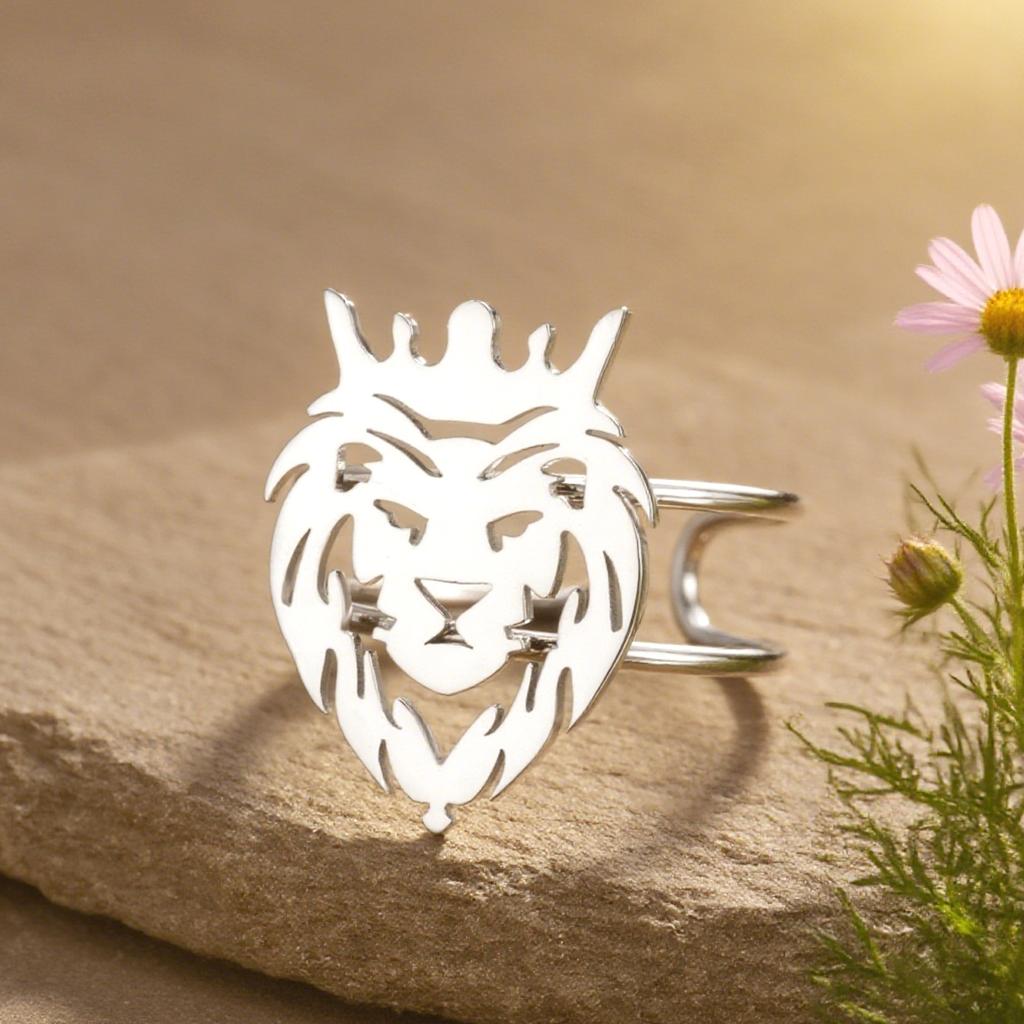Dawapara Lion Head Ring Adjustable Norse Animal Totem Ring Strength Talisman Wedding Band Stainless Steel Jewelry