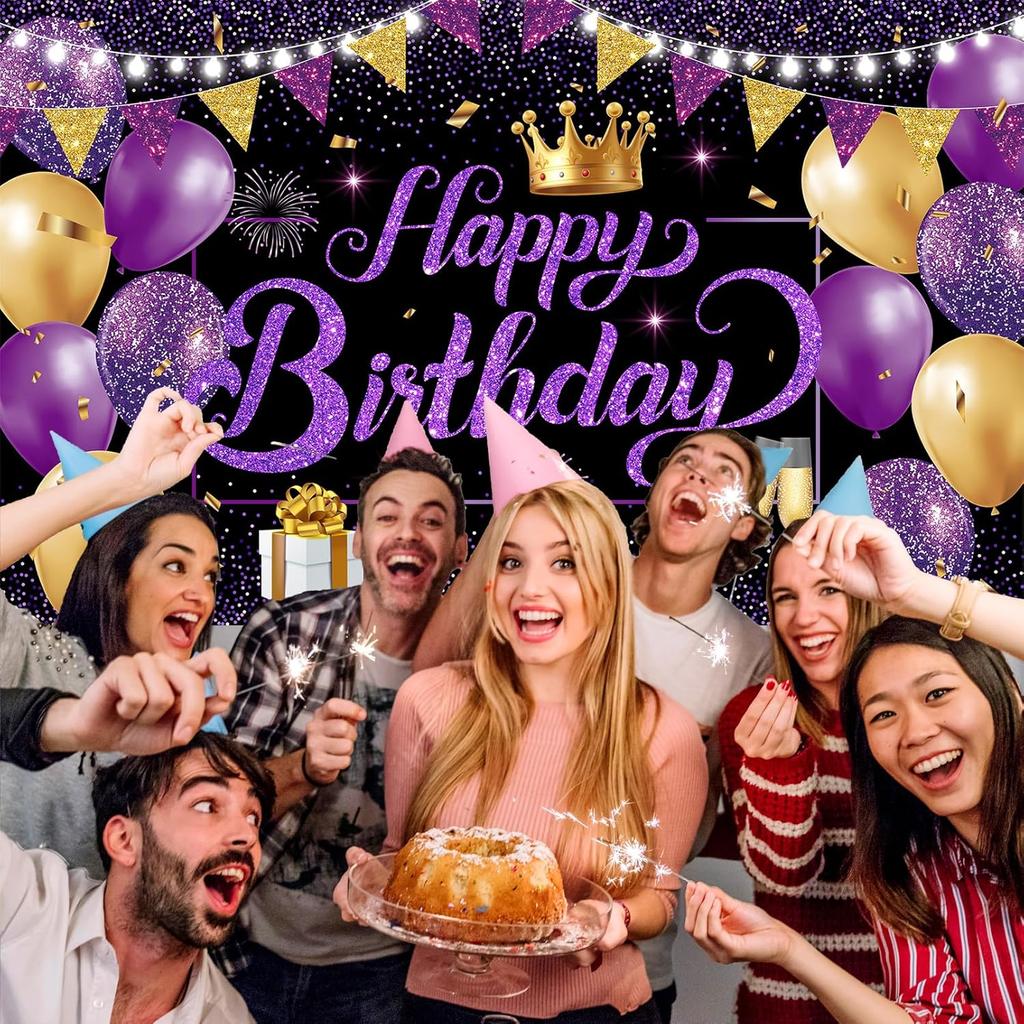 Purple Gold Birthday Banner Happy Birthay Party Decorations for Women, Large Happy Birthday Backdrop Banner Sign, Black Purple Birthday Party Decor