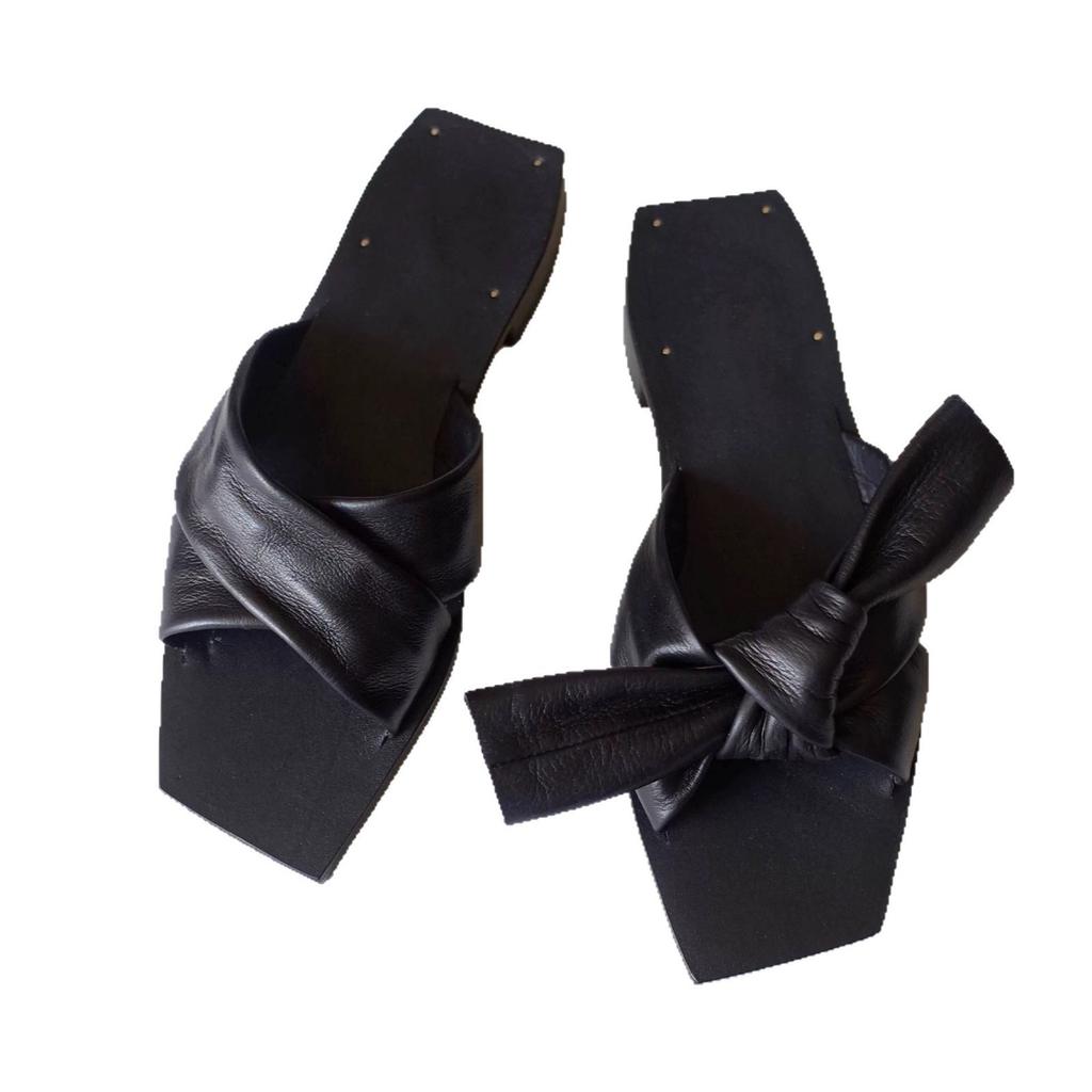 Cowhide Version~ Niche Cross Bow Square Head Slippers Women's Outer Wear 2025 Summer Flat Bottom Low Heel One-word Sandals