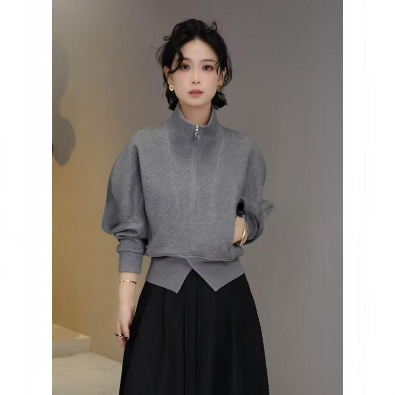 

Свитшот с воротником-стойкой на молнии до середины, с модными и стильными длинными рукавами и неровными разрезами L серый