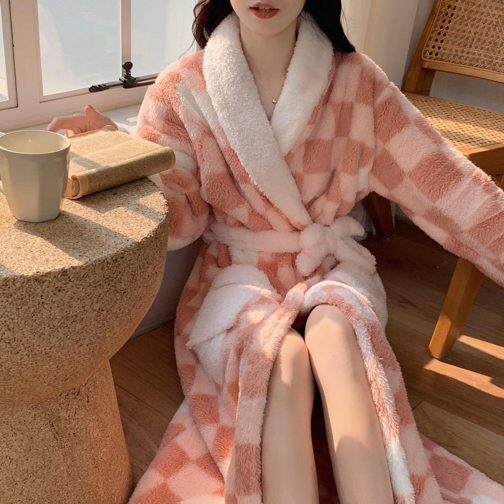 Autumn/Winter Women's Coral Fleece Bathrobe: V-neck, Belted, Long Sleeves, Mid-length, Sweet Style, Warm Homewear.