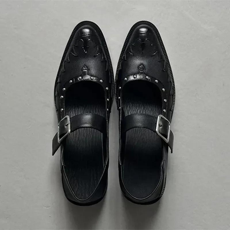 Mode Hochwertige Leder Damenschuhe Sexy Spitzschuh Metallschnalle Mary Jane Schuhe für Frauen Punk Schwarz Elegante Frau Stöckelschuhe