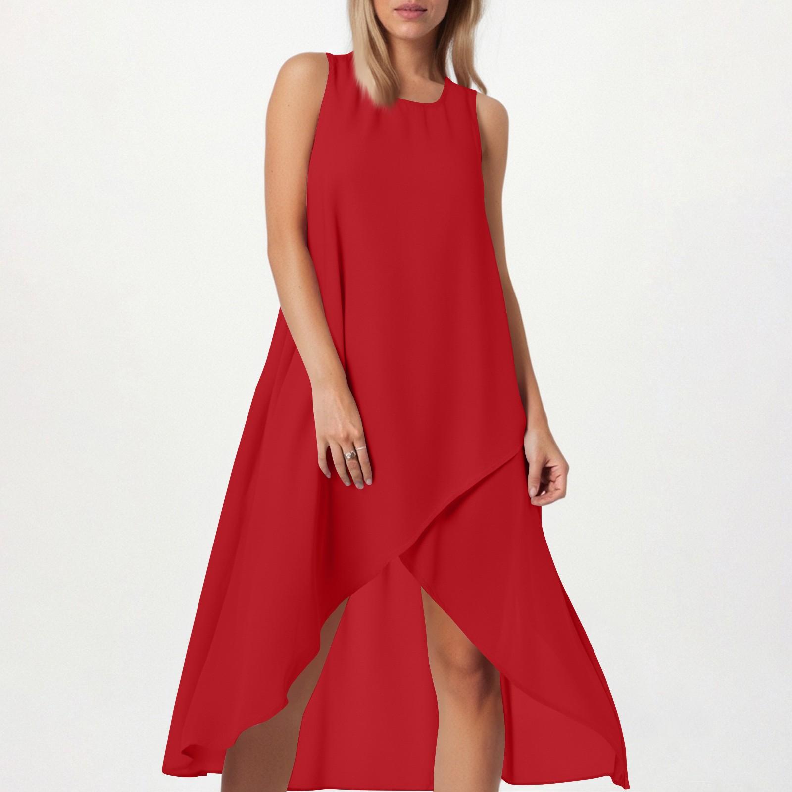 

Женское свободное повседневное модное платье с квадратным круглым вырезом, однотонное, пляжная юбка с разрезом сбоку, без рукавов, юбка из хлопка и льна L красный