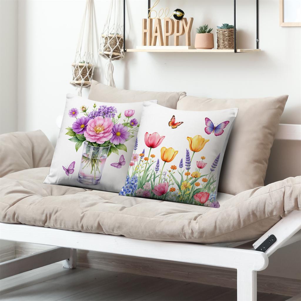 Vase Of Tulips And Butterflies Digital Printing Pillow Cover Short Plush Suitable Living Room Bedrooms Sofas Throw Cushion Cover