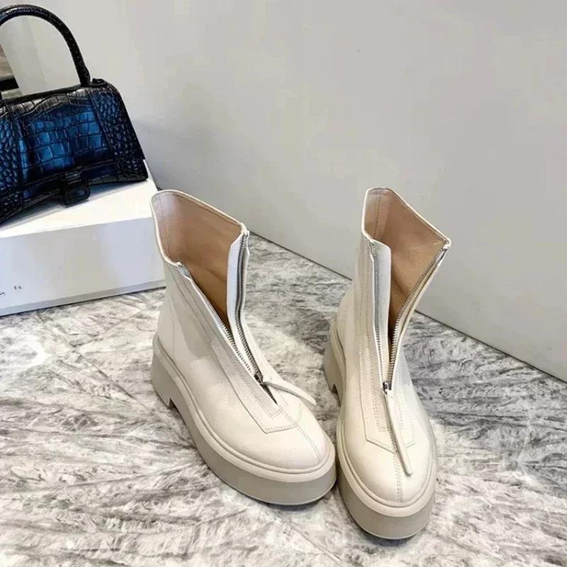 Female 2025 Autumn/Winter Front Zipper Leather Thick Sole Ankle Boots British Style Thick Heel Fashion Plush Women's Short Boot