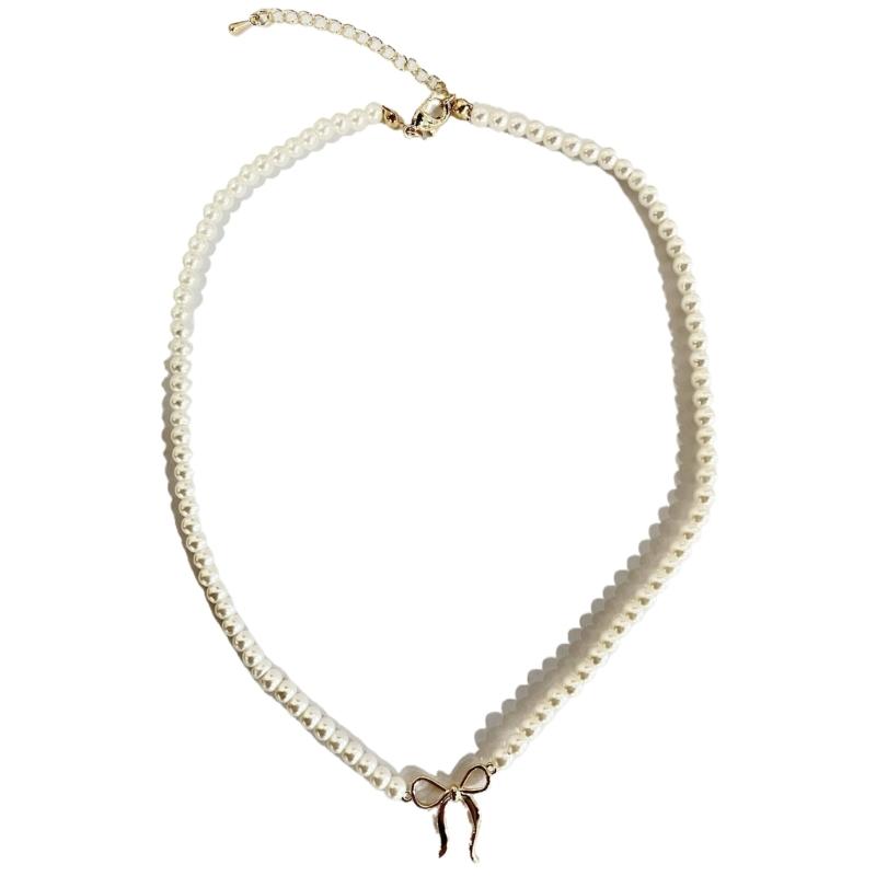 

Timeless Beaded Bowknot Pearls Necklace In True Gold or Silver Finish Sophisticated Neck Chain For Special Occasions