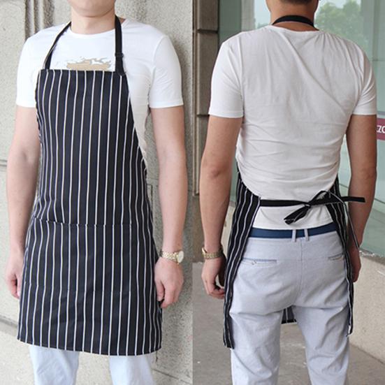 Adjustable Adult Black Stripe Bib Apron With 2 Pockets Chef Waiter Kitchen Cook