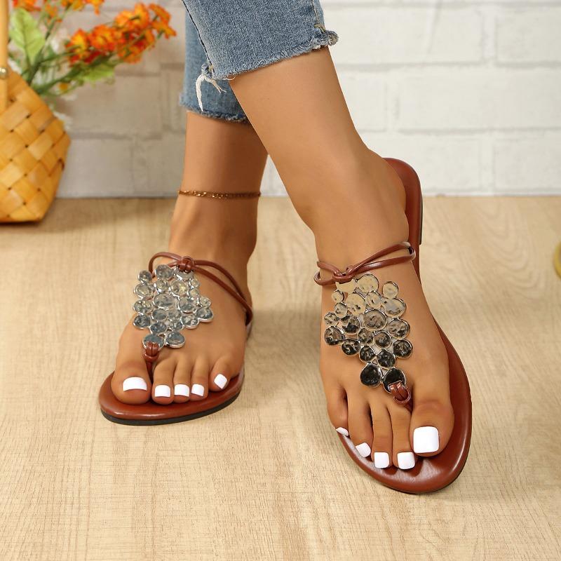 Women's Flat Slippers Summer New Round Toe Clip with Glitter Soft Soled Anti-slip Wear-resistant Plus-size Sandals