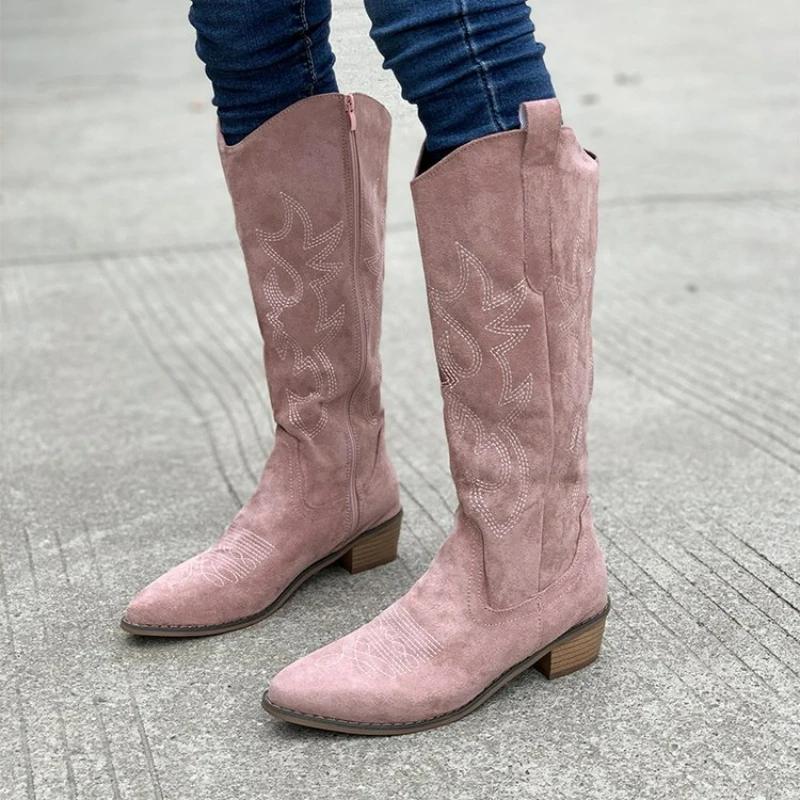Fashion Women Boots Embroidered Western Cowboy Boots Spring Autumn Pointed Toe Thick Heel High Knee Boots PU Leather Long Boot Botas New