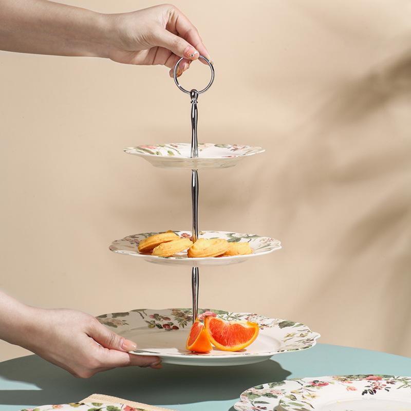 Creative European Camellia Multi-Layer Ceramic Fruit Plate Living Room Coffee Table Candy Plate Afternoon Tea Dim Sum Rack Cake Plate