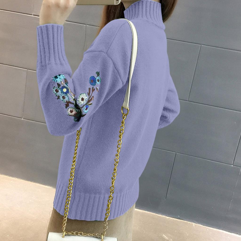 Women's Semi High Neck Long Sleeved Knitted Sweater Top, Loose Embroidered Sweater