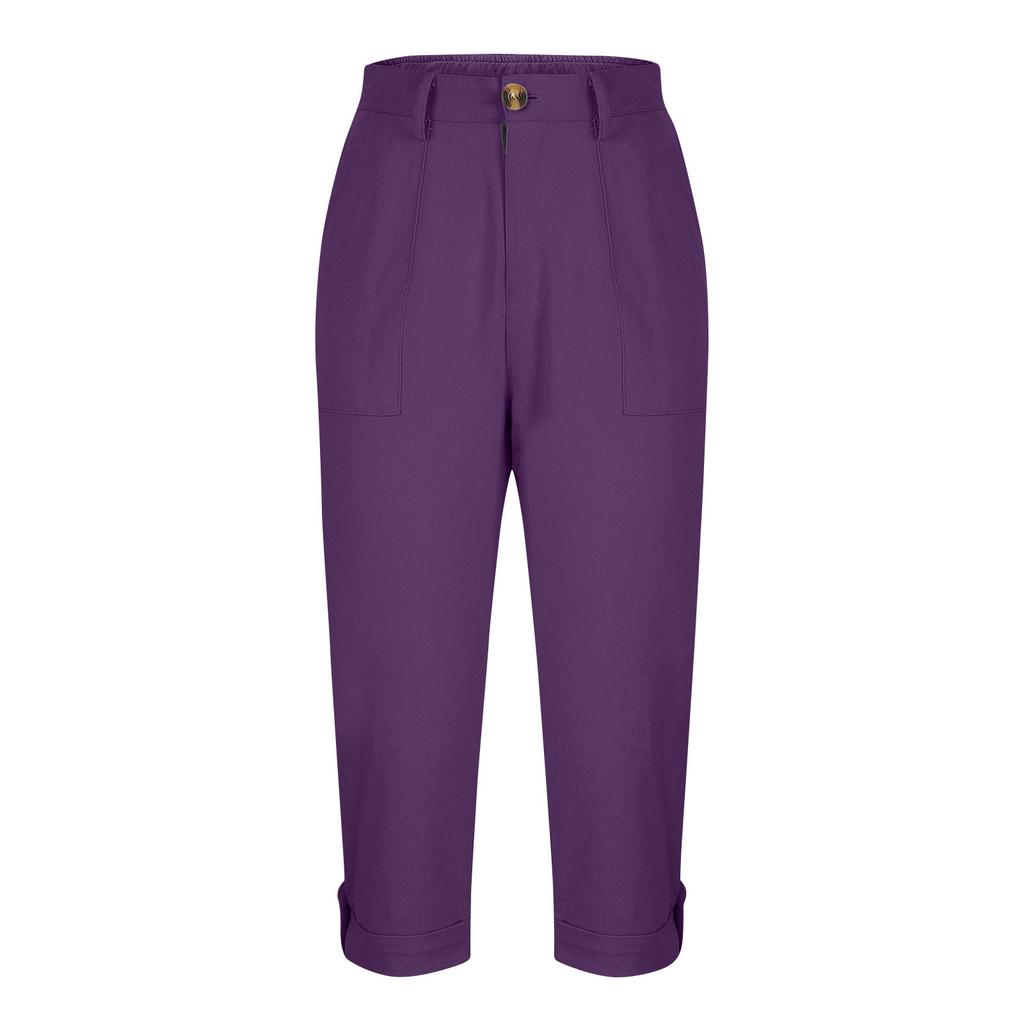 Women Casual Capri Pants High Waisted Rolled Cuff Ankle Pants Solid Color Pocket Detail Loose Fit Trousers