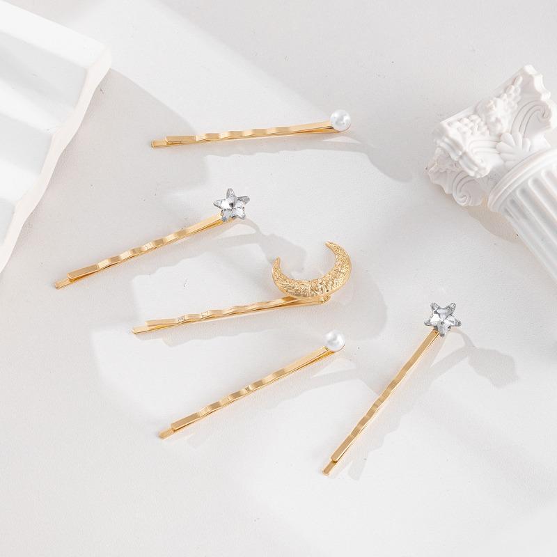 Diamond-encrusted Alloy One-word Clip, Autumn and Winter New Jewelry, Star Moon Headdress, Pearl Hairpin Set, Women