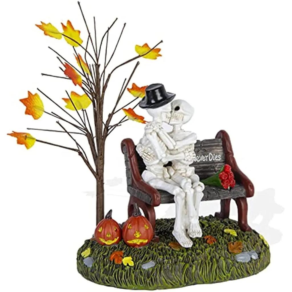 Halloween Village Accessories, Kiss of Death Figurines, Spooky Skeleton and Pumpkin Statue LED Lights Decorations Holiday Gifts
