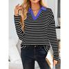 Spring Autumn Women's Striped V-Neck Loose Sweatshirt Lapel Sweatshirt
