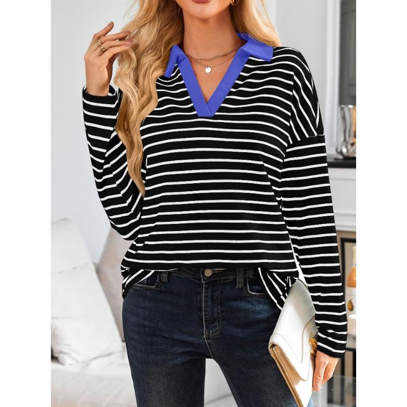 Spring Autumn Women's Striped V-Neck Loose Sweatshirt Lapel Sweatshirt