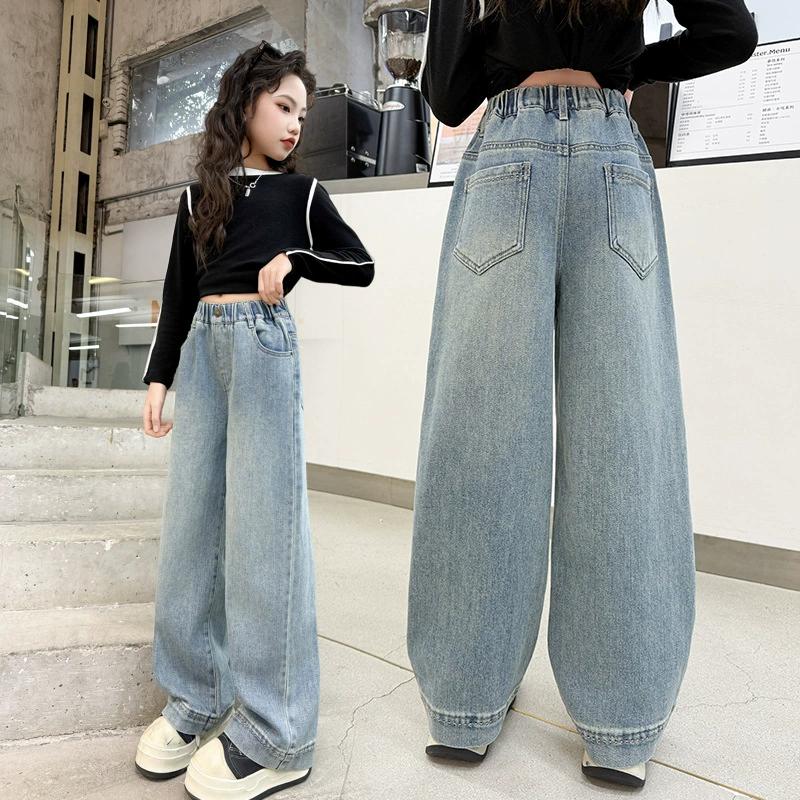 

Джинсы для девочек в школьном стиле с широкими штанинами, ретро-дизайн, повседневные, свободные, 2025, детские модные длинные брюки, детские брюки в корейском стиле 150 синий