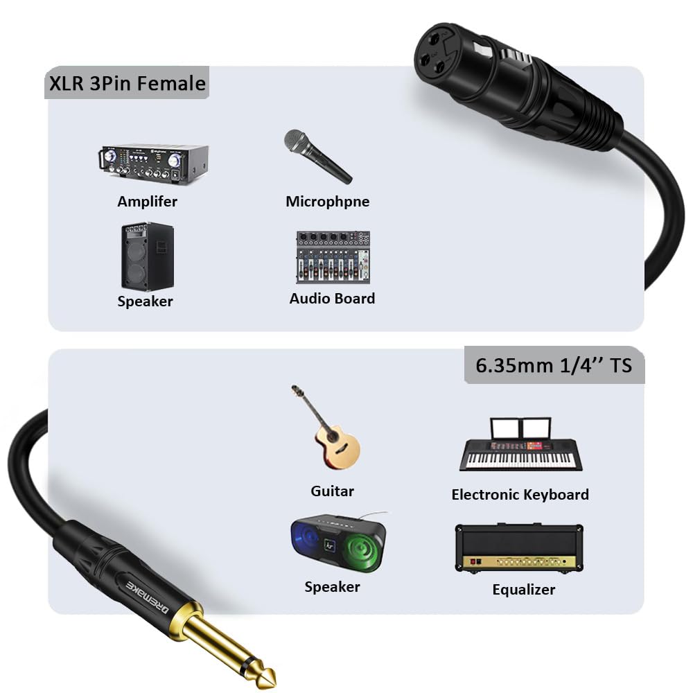 DREMAKE XLR to 6.35mm Microphone Cable 3FT XLR 3-Pin to 1/4 Inch Mono TS Male to Female Unbalanced Audio Cord for Microphone Mixer Guitar Amplifier