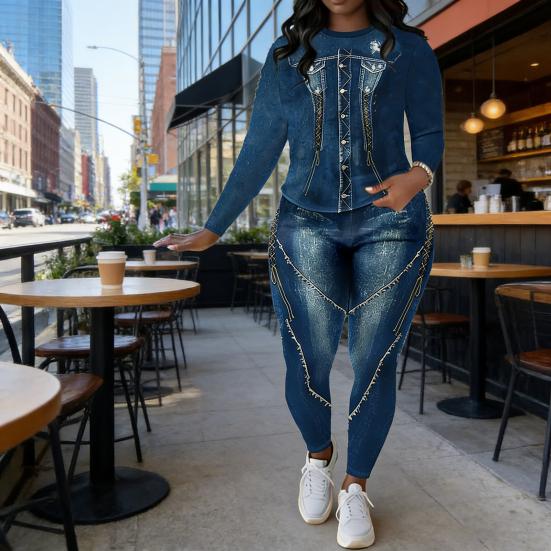 Dam 2-delade Outfits med Falskt Denimtryck Långärmade Toppar Bodycon Leggings Byxset Sexiga Festkläder Träningsdräkt