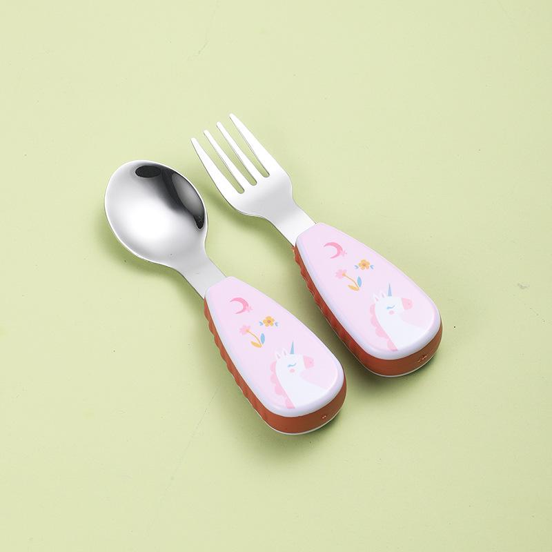 304 Stainless Steel Kids' Cartoon Cutlery Set - Short Handle Spoon & Fork for Baby Training