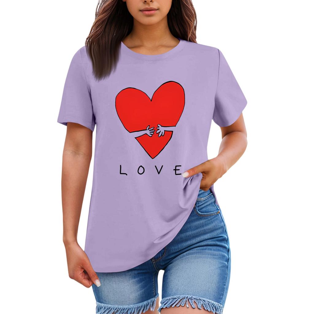 Ladies' Loose Comfortable Casual Fashionable Heart And LOVE Character Pattern Printed Round Neck Short Sleeved Shirt