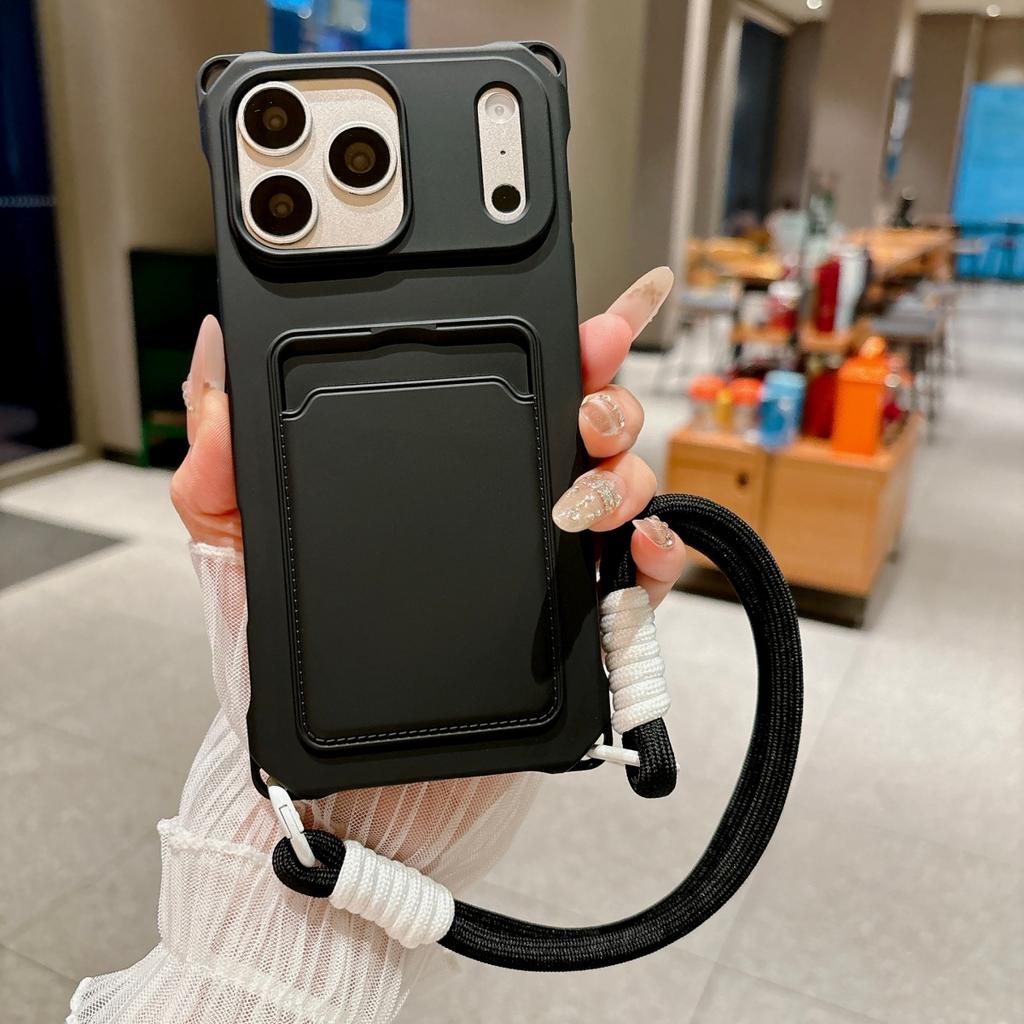 Wallet Card Slot Holder Silicone Slot Lanyard Phone Case for IPhone 17 Air 17E 16E 15 14 Plus 13 12 11 Pro Max Wristband Cover