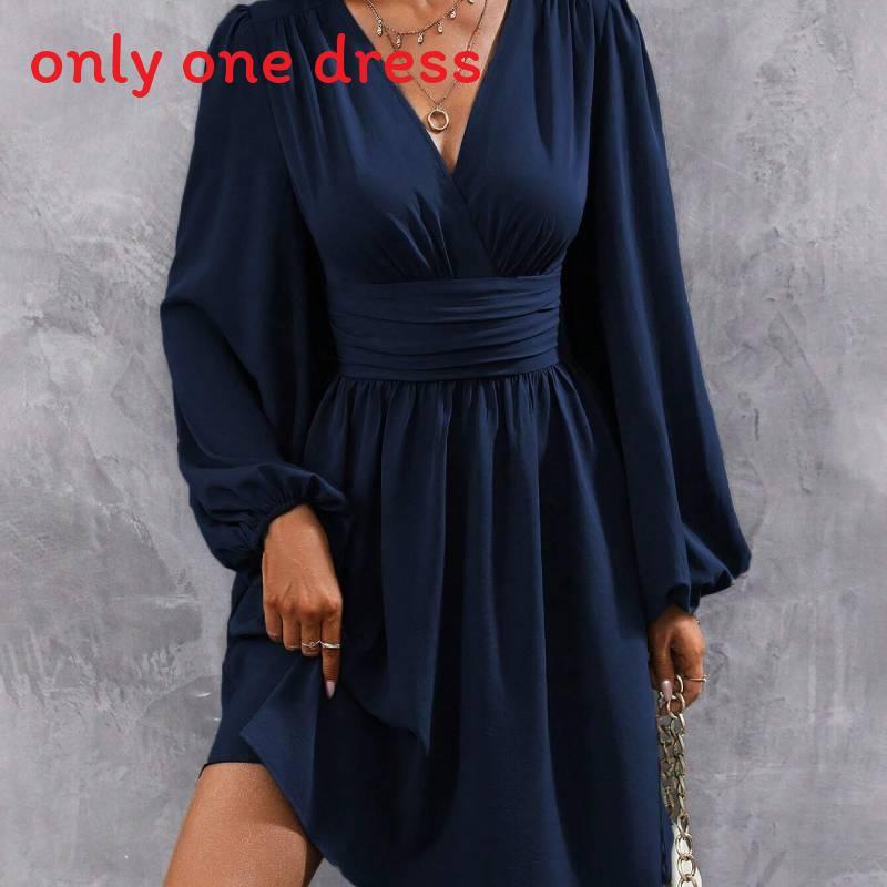 Polyester Vneck Lantern Sleeve Dress With Pleats For Casual And Party Wear