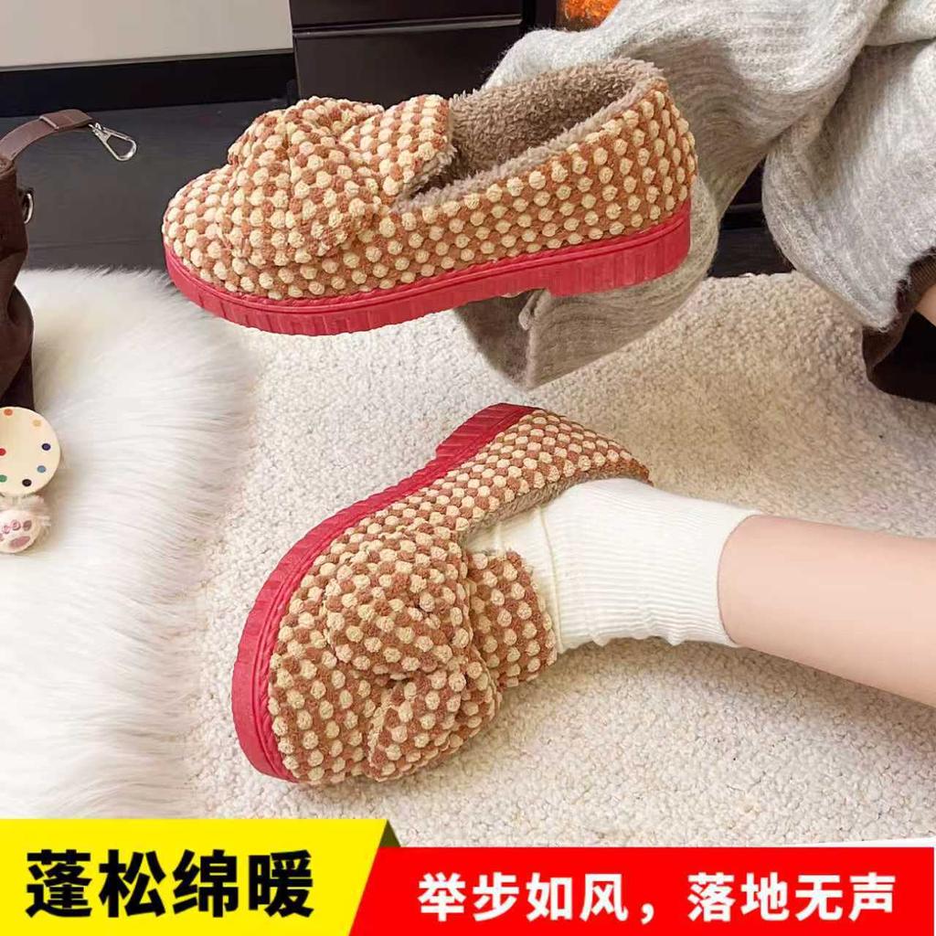 Support Customized Velvet, Thickened Warm and Lightweight Indoor Shoes, Cute Bow Student Shoes, Cotton Slippers