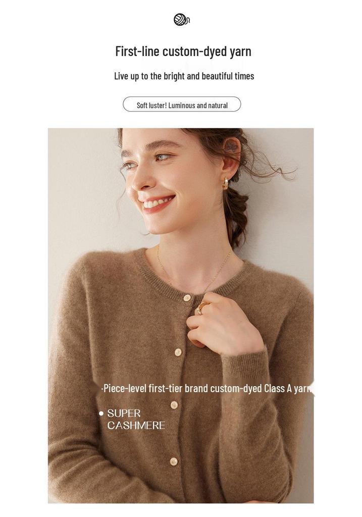 Women's Slim Fit Cashmere Cardigan - Round Neck, Lightweight, Loose Knit Sweater in Solid Color.