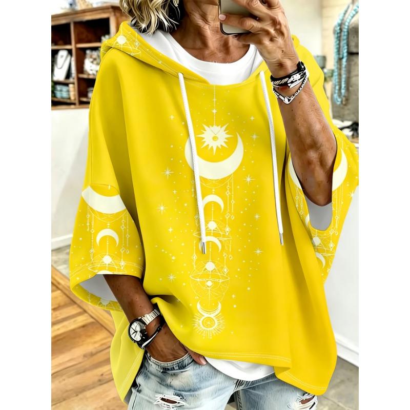 Plus Size Women's Short Sleeve Hooded Top, Blue Moon Star Print Loose Off Shoulder Hoodie