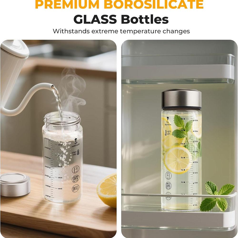 Glass Juice Bottles with Stainless Steel Lids,Heat-Resistant Borosilicate Glass for Juicing,Smoothies,Milk,Beverage Storage