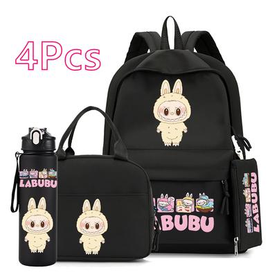 4Pcs/set Cute Anime Printed Backpack 750Ml Outdoor Sports Water Bottle Girl Boy Teen Student Schoolbag Child Kid Large Capacity Bookbag