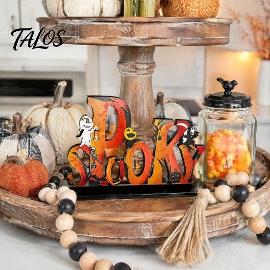 Pumpkin Castle Ghost Decor Halloween Wooden Tabletop Ornaments, Freestanding Solid Wood Letter Signs, Decorative Table Centerpiece Festive Holiday