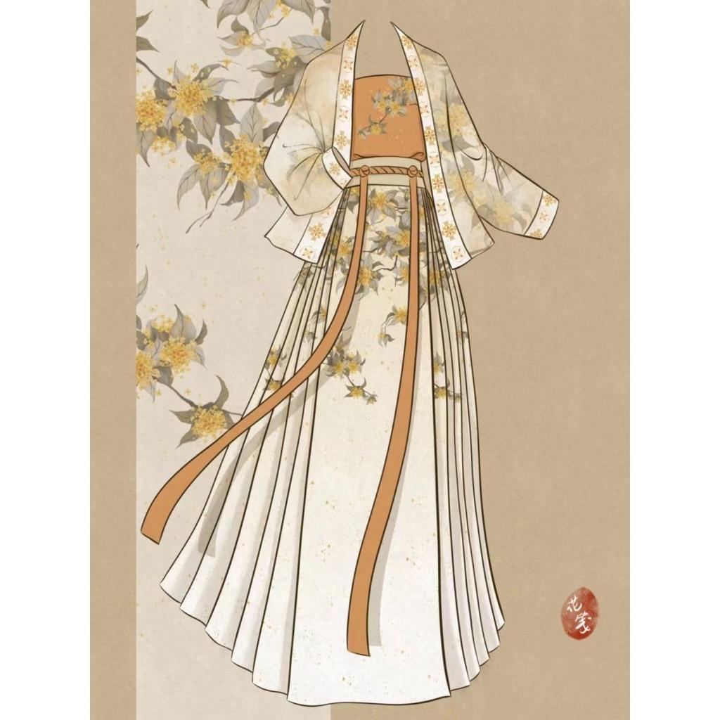 Chinese Ming Dynasty Style horse-face  Skirt Osmanthus Print Daily Suit For Women