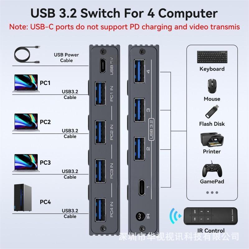 

Перемикач USB 3.2: 4 входи USB-A, 3 виходи USB 3.2, 1 вихід USB-C з концентратором. USB3.2 Input, USB3.2 Output темно-сірий
