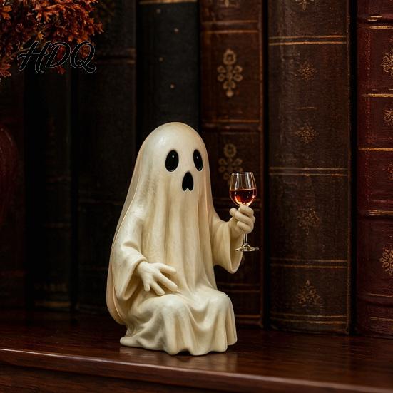Halloween Shop Decoration Ghost Skeleton Figurine Spooky Drunk Holding Wine Glass Resin