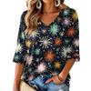 Women's V-neck Christmas print three-quarter sleeve lightweight top