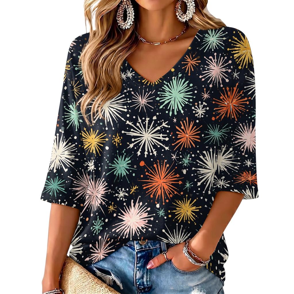Women's V-neck Christmas print three-quarter sleeve lightweight top