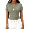 Dámské módní ležérní barevné nové tričko s krátkým rukávem, ozdobným knoflíkem a výstřihem do V