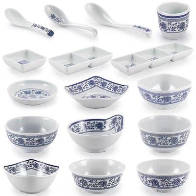 Blue & White Melamine Tableware: Imitation Porcelain Bowls, Plates, Cups, Spoons for Chinese Restaurant or Hot Pot Table Settings.