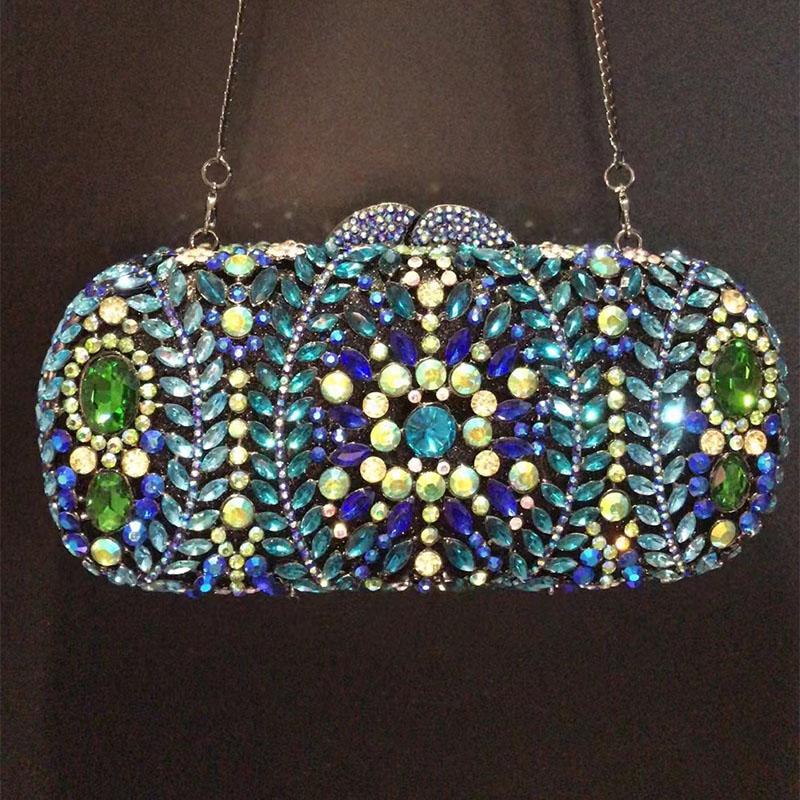 

New Arrival Blue Crystal Floral Evening Bag Fashion Women Clutches Rhinestone Female Handbags Ladies Party Dinner Chain Purses