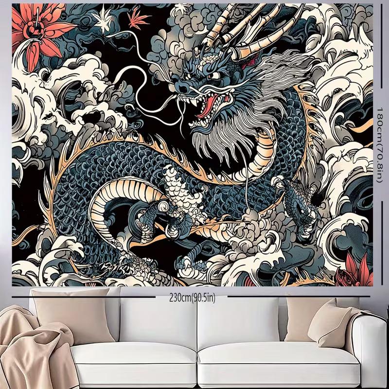 2D Oriental Dragon Wave Tapestry Black Background Home Background Cloth