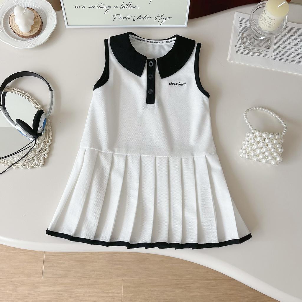 Summer Girls Sleeveless Polo Collar Pleated Dress Cute Preppy Princess Dress For Kids Casual Party Wear