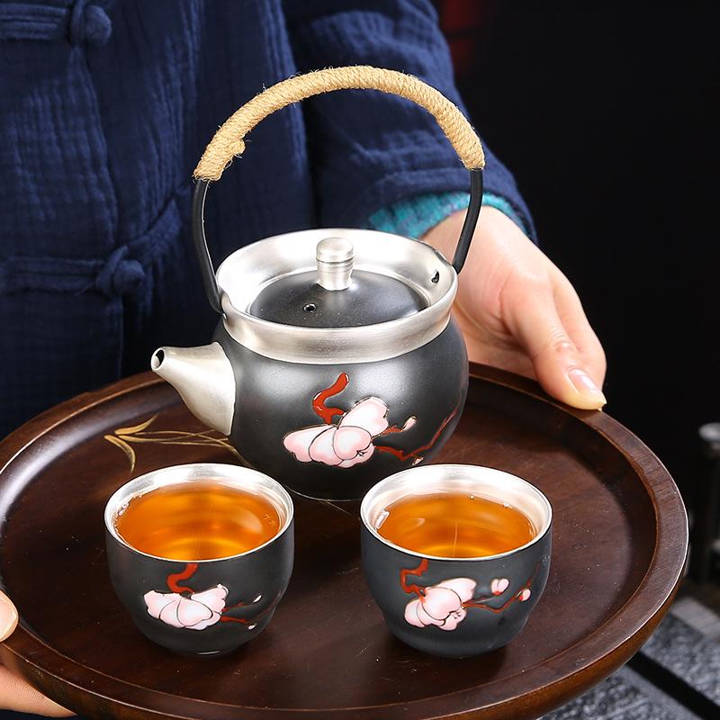 Pure Silver Teapot One Pot Two Cups Gilt Silver Tea Set Outdoor Simple Travel Ceramic Tea Brewer Portable Bag with Printing
