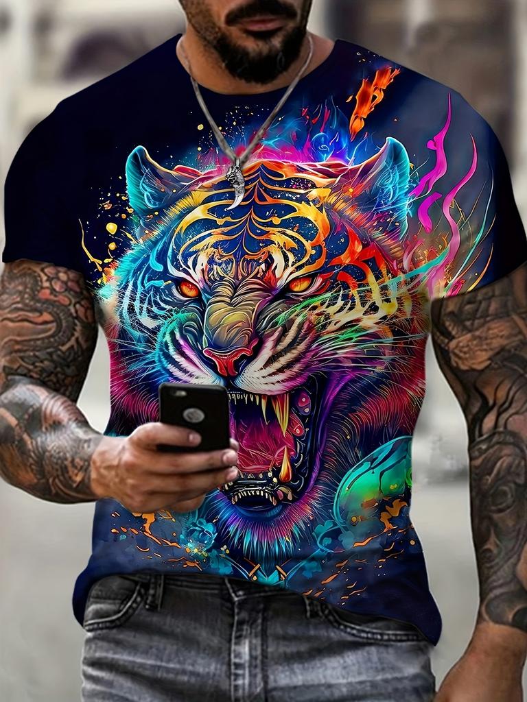 Summer Men's Colorful Tiger Graphic 3D Print T-shirt Fashion Casual Short Sleeve Tees Loose Top