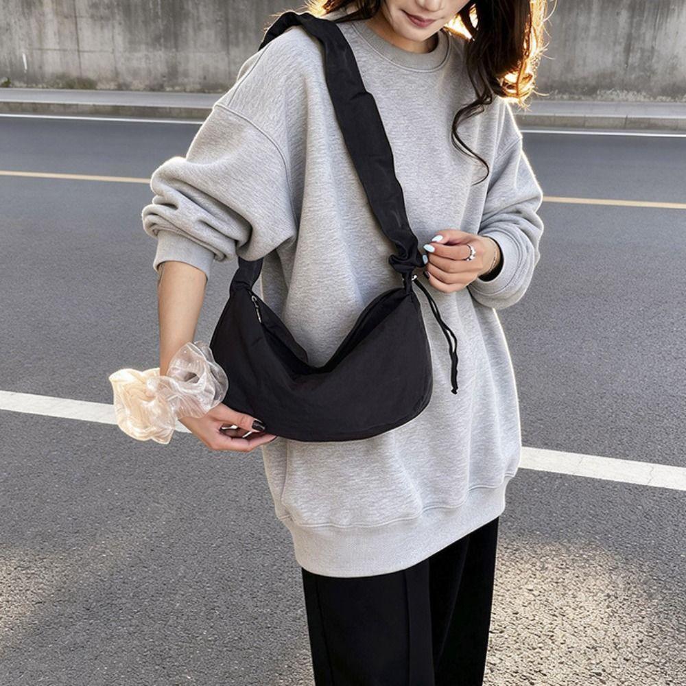 Solid Color Nylon Crossbody Bag Korean Style Canvas Dumpling Bag Pleated Shoulder Bag Streetwear