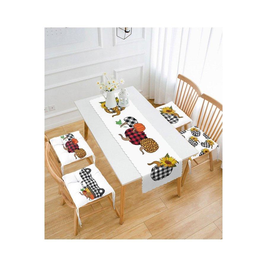 Chair Cushion Set / Digital Printed 4 Pieces 40×40cm Square Chair Pillows and 1 Piece Runner
